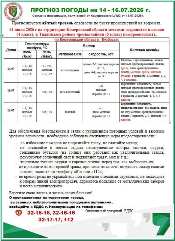 14.07-16.07.2026 Оперативное предупреждение с рекомендациями